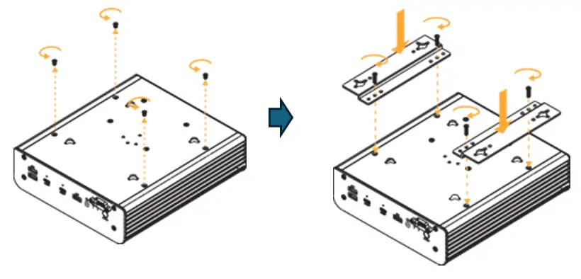 IPC2791A Wall Mounting Bracket installation Illustration showing the installation of wall-mount brackets onto an IPC2791 industrial box PC. Arrows indicate the placement of the brackets and screws used to secure them to the chassis for wall mounting.
