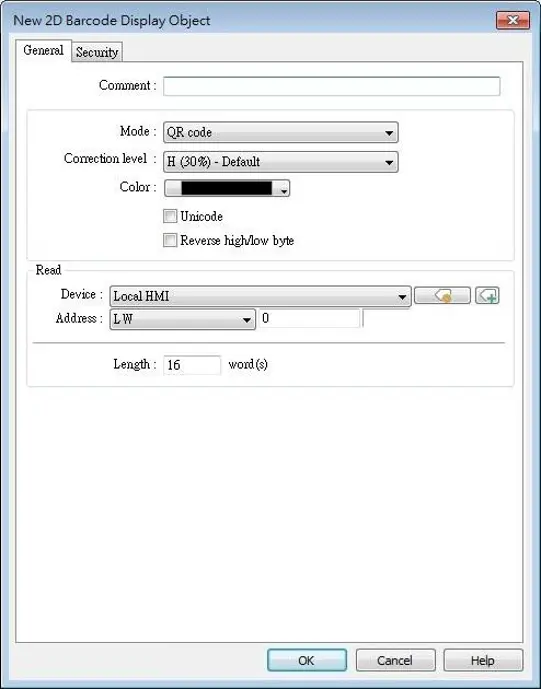 New 2D Barcode Display Object configuration window showing QR code settings, including error correction level, color selection, Unicode support, byte-order options, and a string data source read from a Local HMI address.
