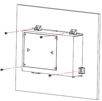 Panel Mounting OMI6000 Series Illustration showing the wall-mount installation of an industrial panel PC. The diagram shows the panel PC secured to a wall using four mounting brackets and screws positioned around the chassis.