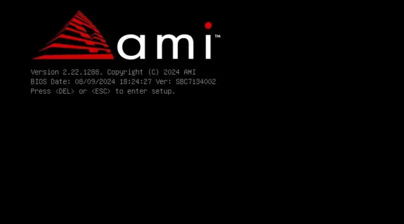 BIOS Startup screen (POST) Screenshot of the AMI BIOS startup screen displaying the AMI logo, BIOS version information, BIOS build date, and a prompt instructing the user to press DEL or ESC to enter BIOS Setup.