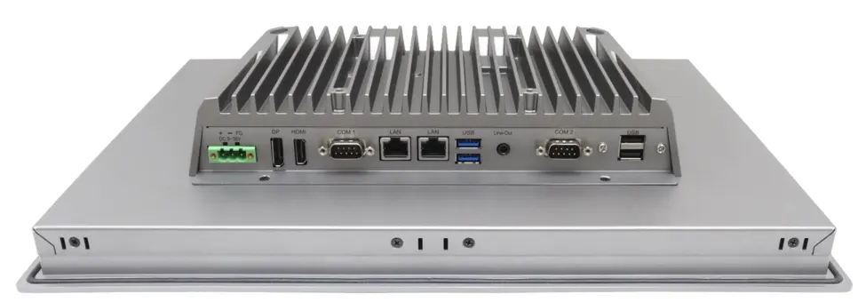 OMI6800C Series Rear I/O view Rear I/O view of the OMI6800C Series industrial panel PC showing DC power input, DisplayPort, HDMI, two serial ports, dual Ethernet ports, USB ports, and a line-out audio connection.