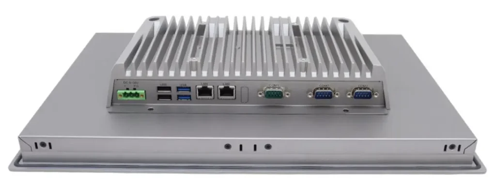 OMI6900 Series Rear I/O View Rear I/O view of the OMI6900C Series industrial panel PC showing DC power input, three serial ports, dual Ethernet ports, USB 2.0 and USB 3.0 ports.