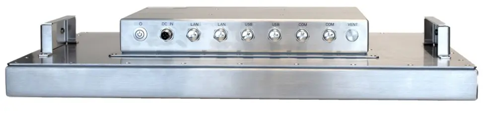 Rear I/O view of a PC8100AP Series industrial panel PC showing a power button, DC power input, dual Ethernet ports, dual USB ports, dual serial ports, a vent, and sealed circular connectors on a stainless steel enclosure.