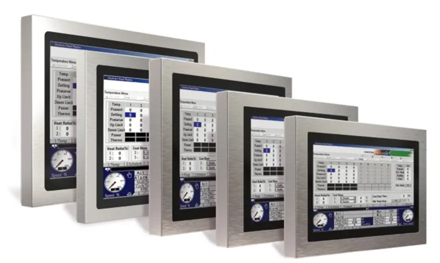 Front perspective view of the PC8100 Series industrial panel PC family, showing multiple display sizes with stainless steel bezels and touchscreen interfaces displaying an industrial HMI application.