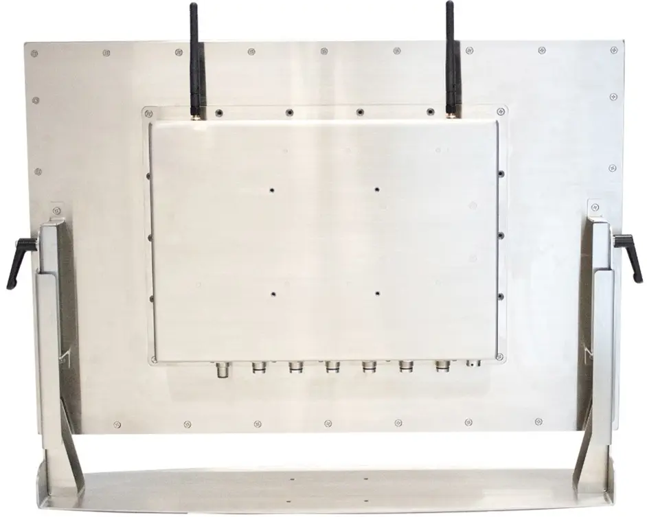 Rear view of a PC8100 Series industrial panel PC with a stainless steel enclosure. The image shows dual wireless antennas, sealed circular I/O connectors, and a heavy-duty pedestal mounting stand.