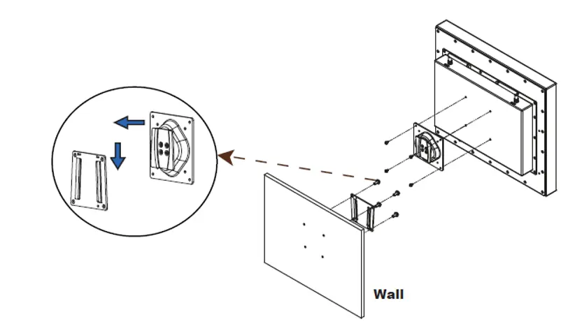 Illustration showing the installation of a VESA mount on a PC8100AP Series industrial panel PC. The diagram shows the VESA bracket being assembled and secured to the rear of the panel PC before mounting to a wall.
