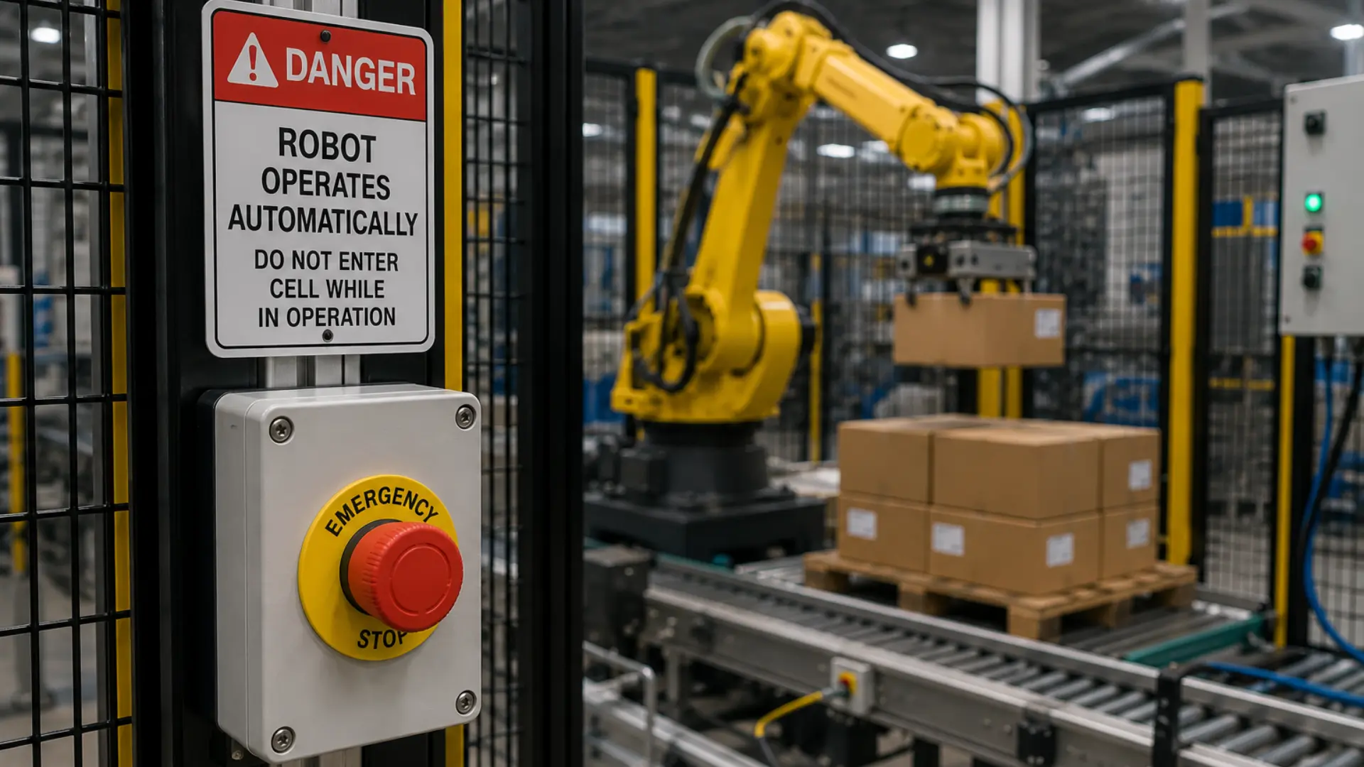 E Stop for automated palletizing cell using robotic arm to stop operation