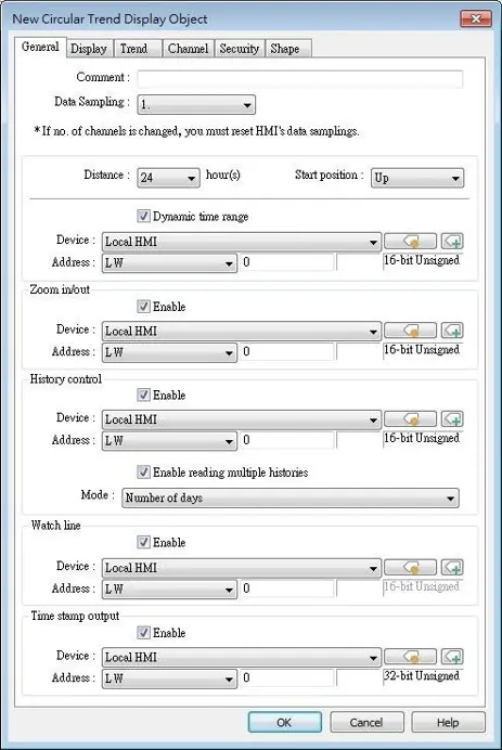 EBPro Circular Trend Display Object configuration window showing settings for data sampling, display duration, dynamic time range, zoom control, historical data playback, watch line control, and time output using Local HMI registers.