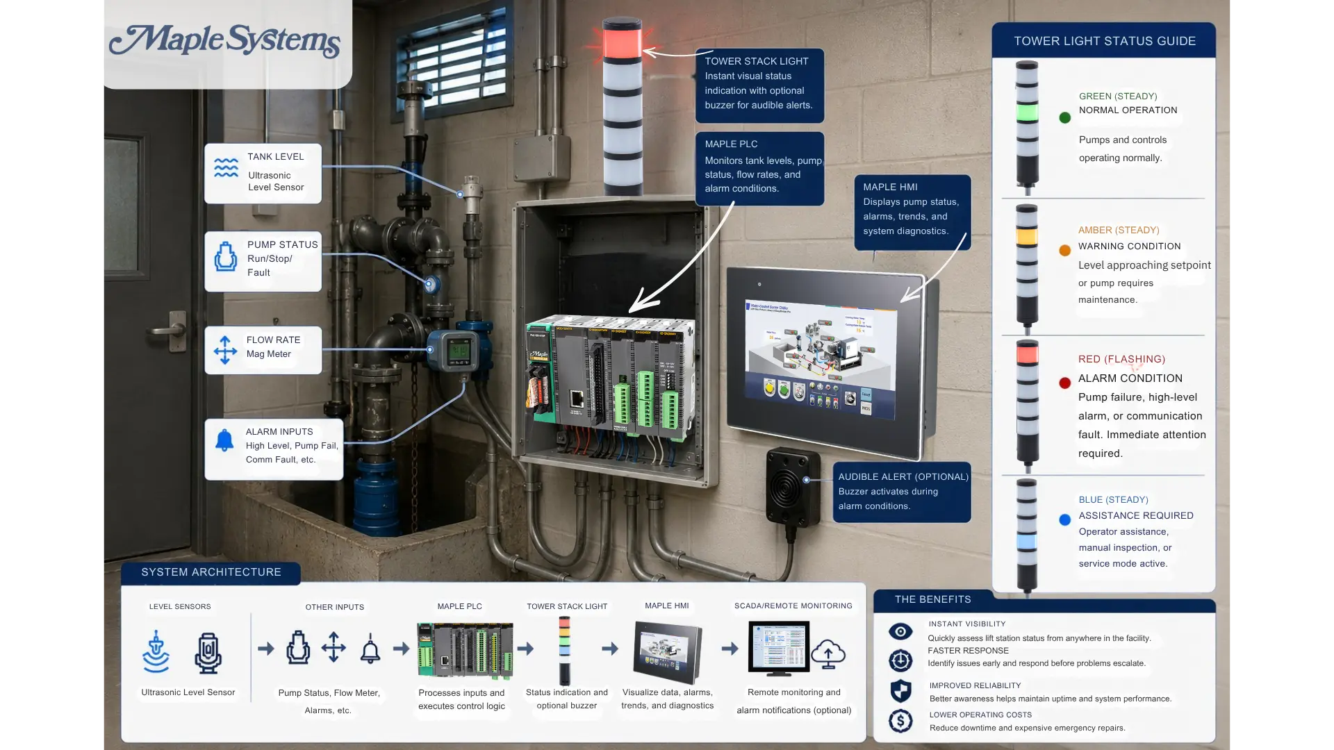 Tower Stack Light Status Guide connecting to Maple PLC and HMI for tank level, pump status, flow rate, alram inputs
