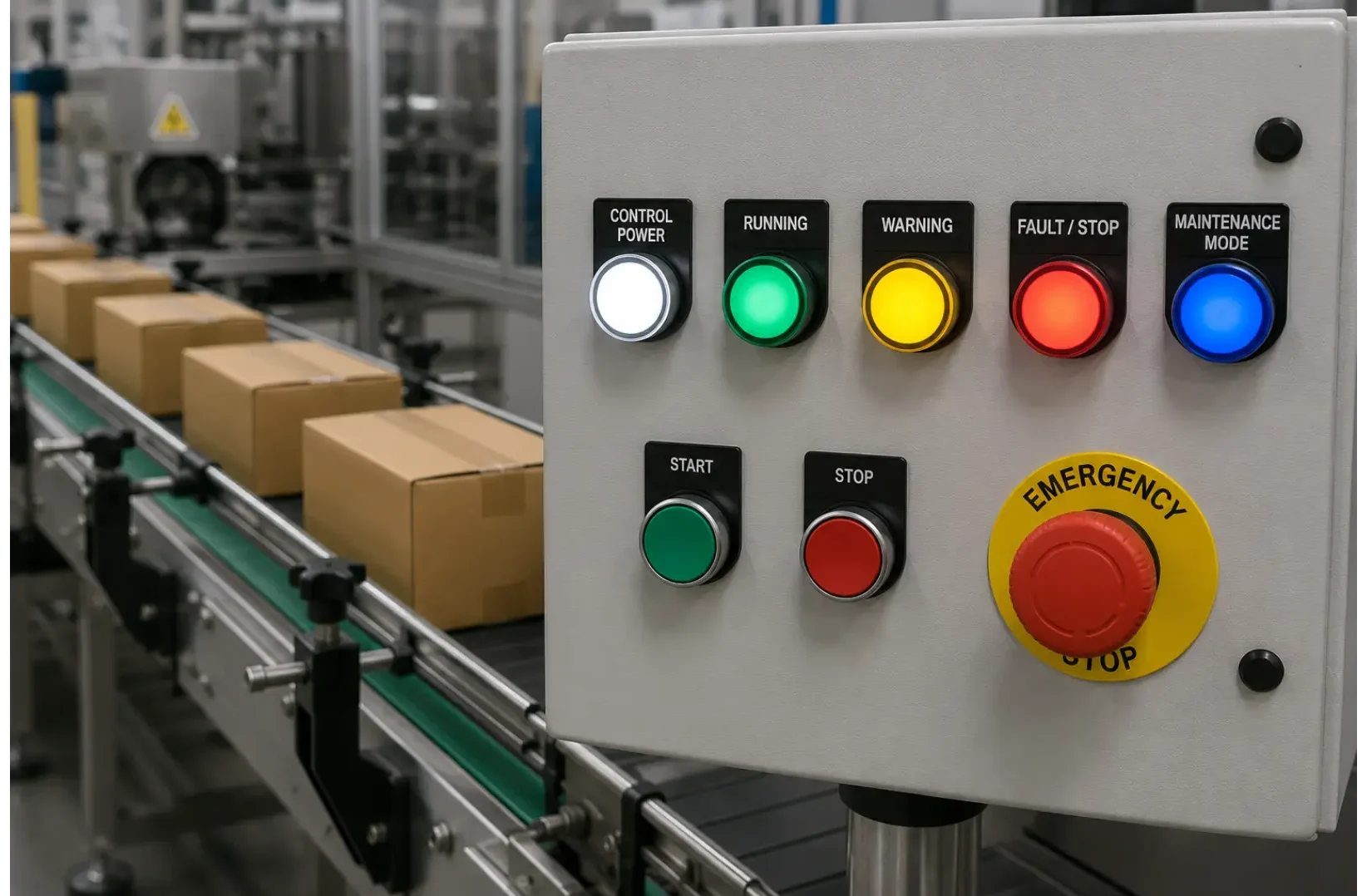 Conveyor System Status Indication using Indicator Lights for power running warning fault maintenance start and stop