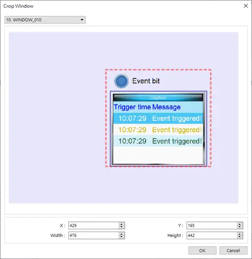 Crop Window dialog showing a selected rectangular region highlighted with a dashed border for capturing a partial screen image.