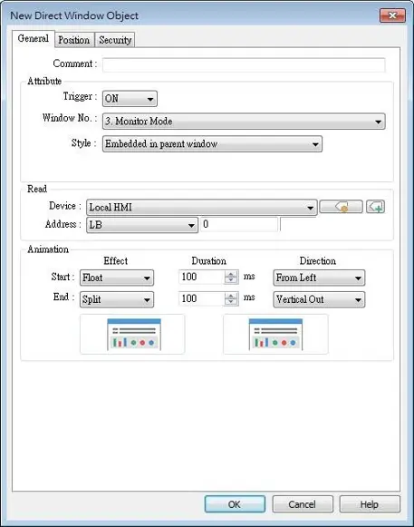 EBPro Direct Window Object configuration window showing a window triggered by Local HMI bit LB0, embedded in a parent window, with configurable open and close animation effects and timing settings.