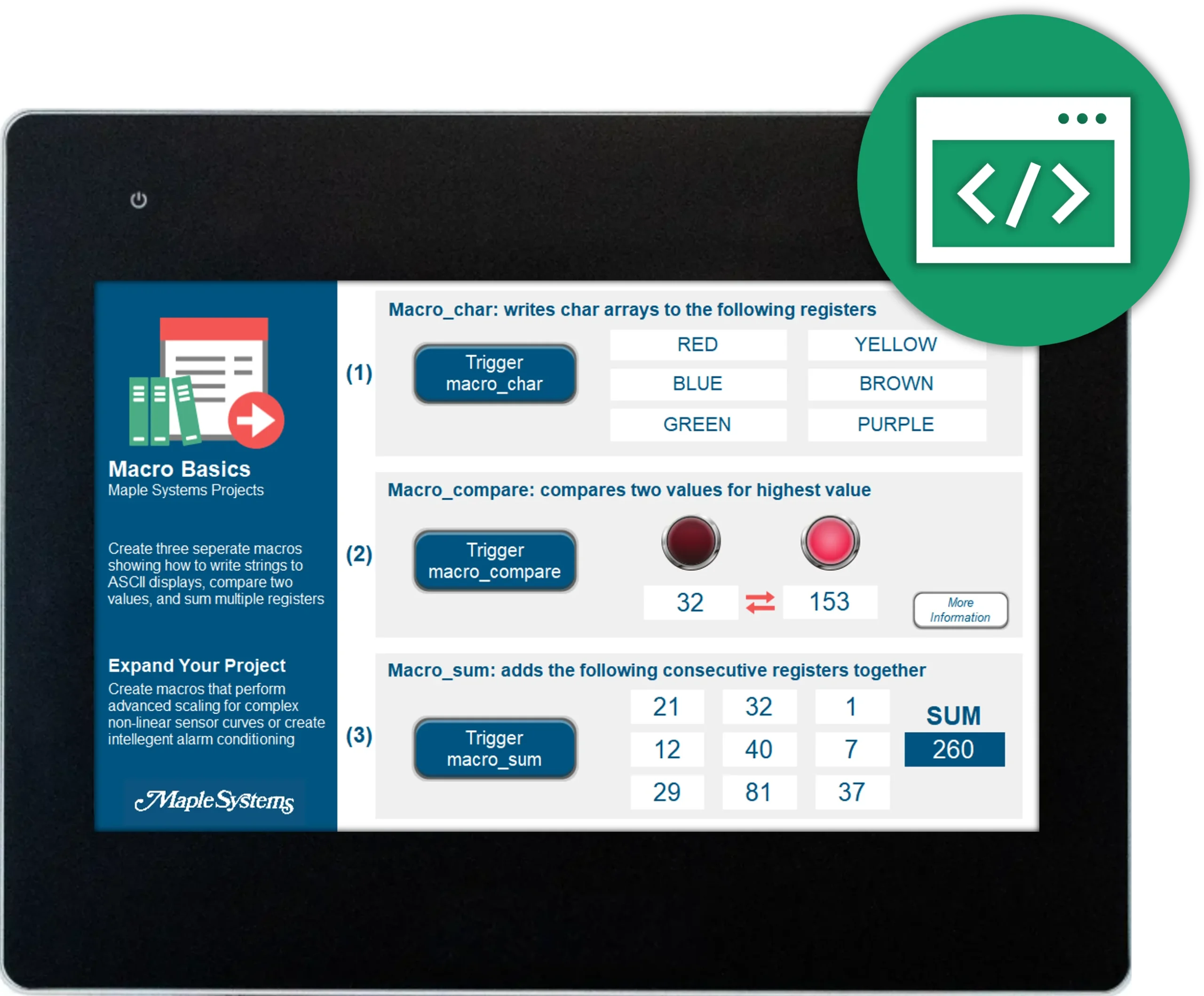 Create three separate macros showing how to write strings to ASCII displays, compare two values, and sum multiple registers