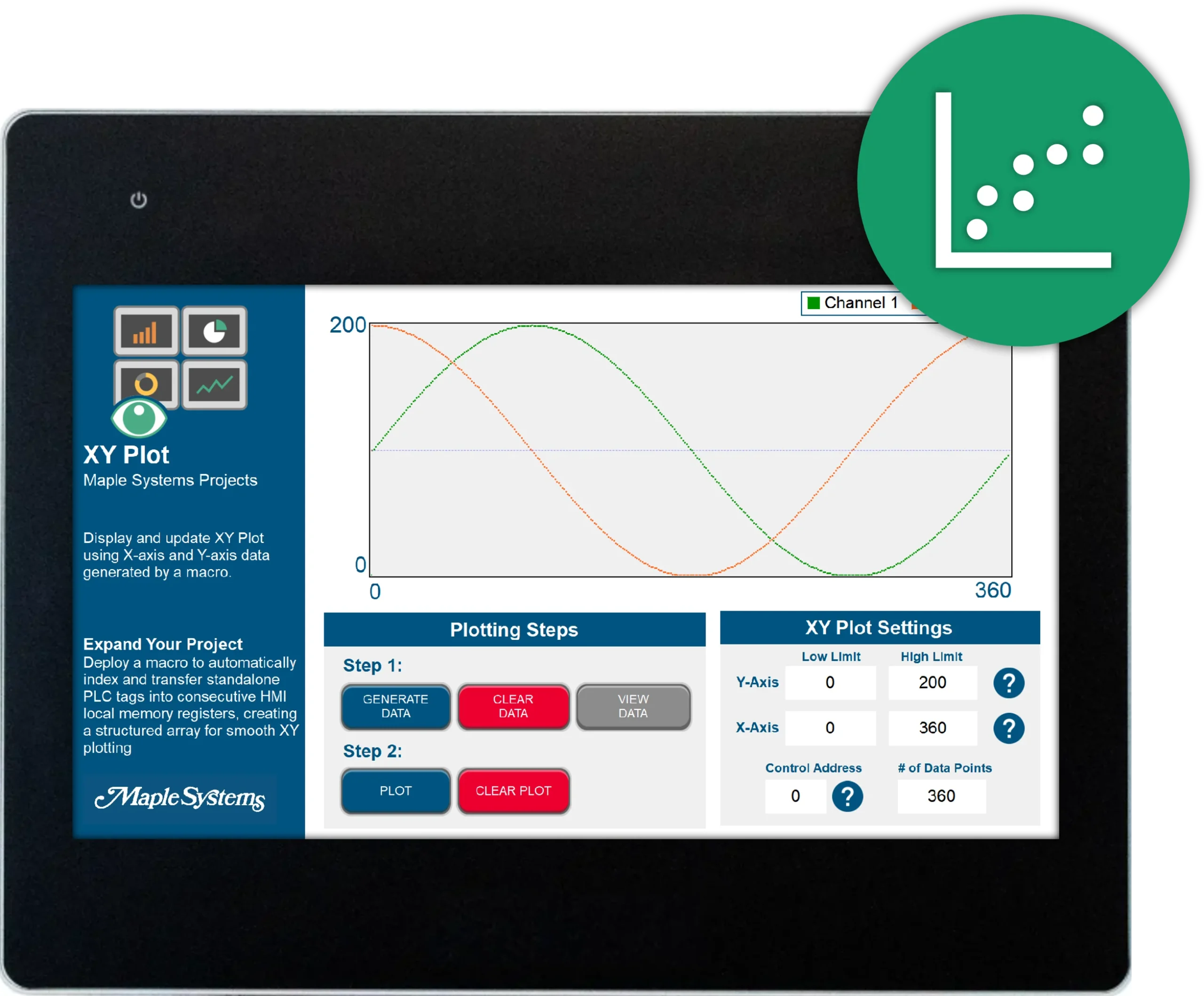 Display and update XY plot using X-axis and Y-axis data generated by a macro within the EBPro software