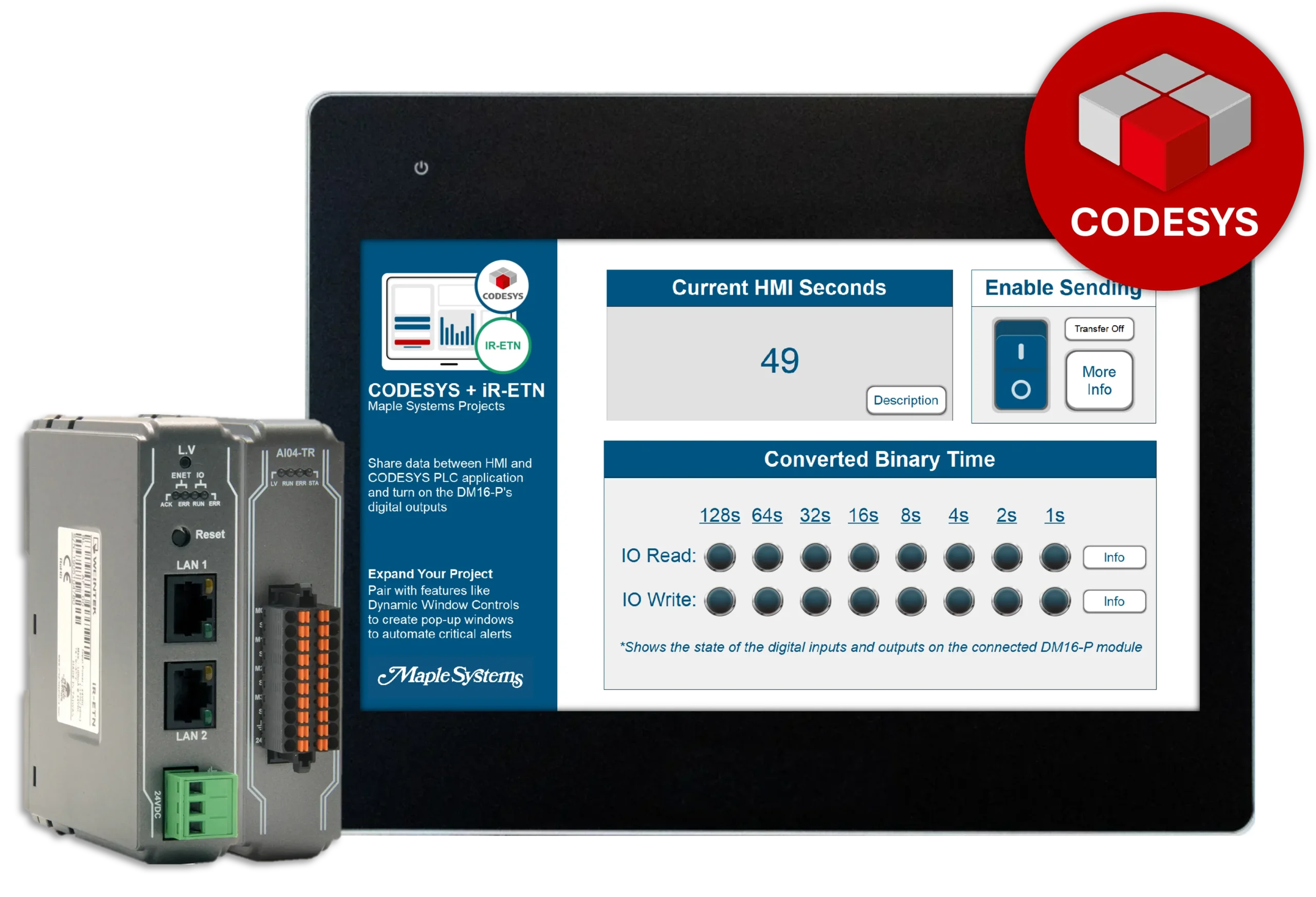Share data between HMI and CODESYS PLC application and turn on the DM16-P's digital outputs