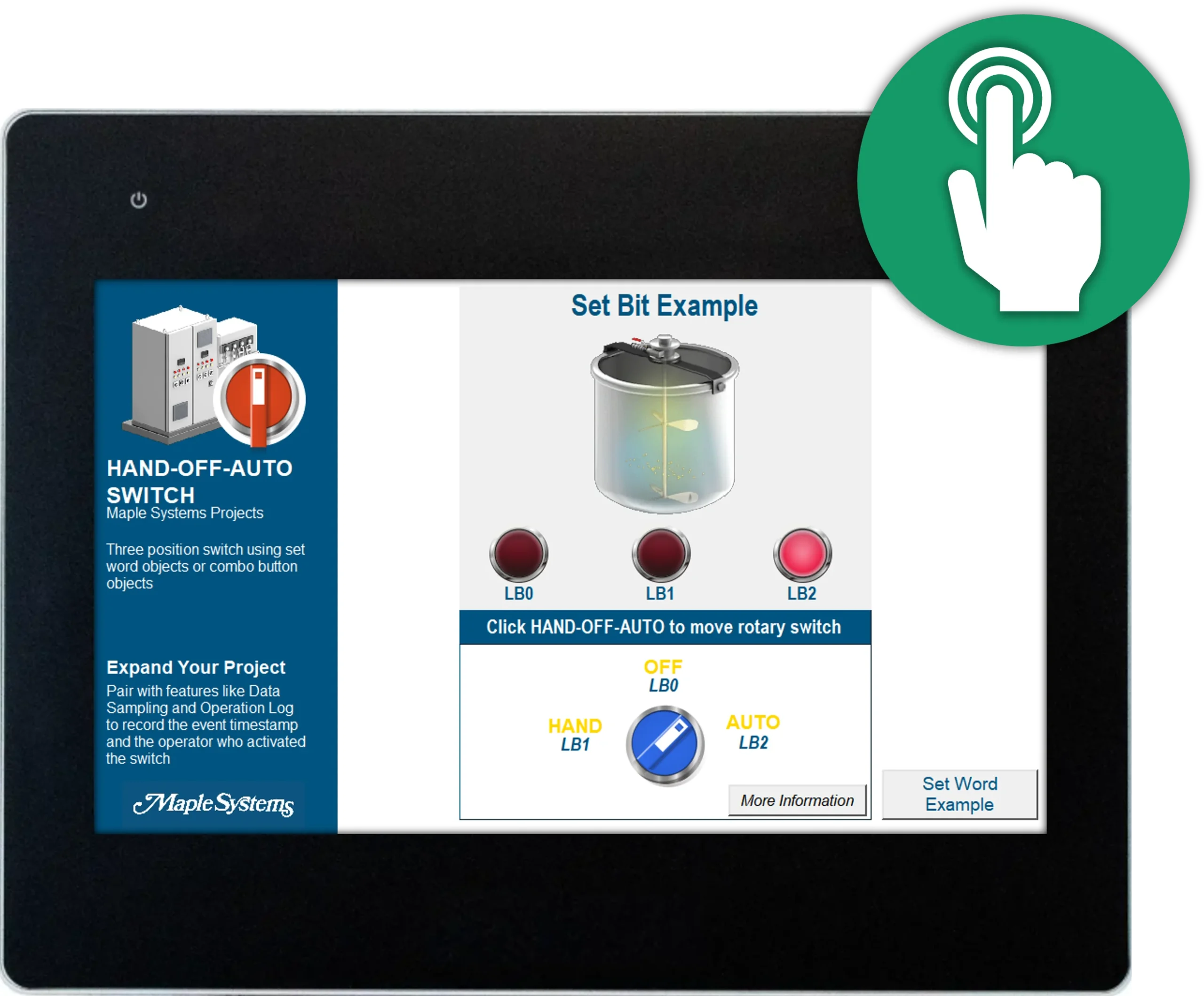 Three position switch using set word objects or combo button objects in EBPro