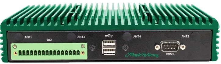 IPC2410A Rear Panel View Rear panel view of the IPC2410A showing digital I/O connector, USB ports, optional antenna connections, and COM2 serial port.