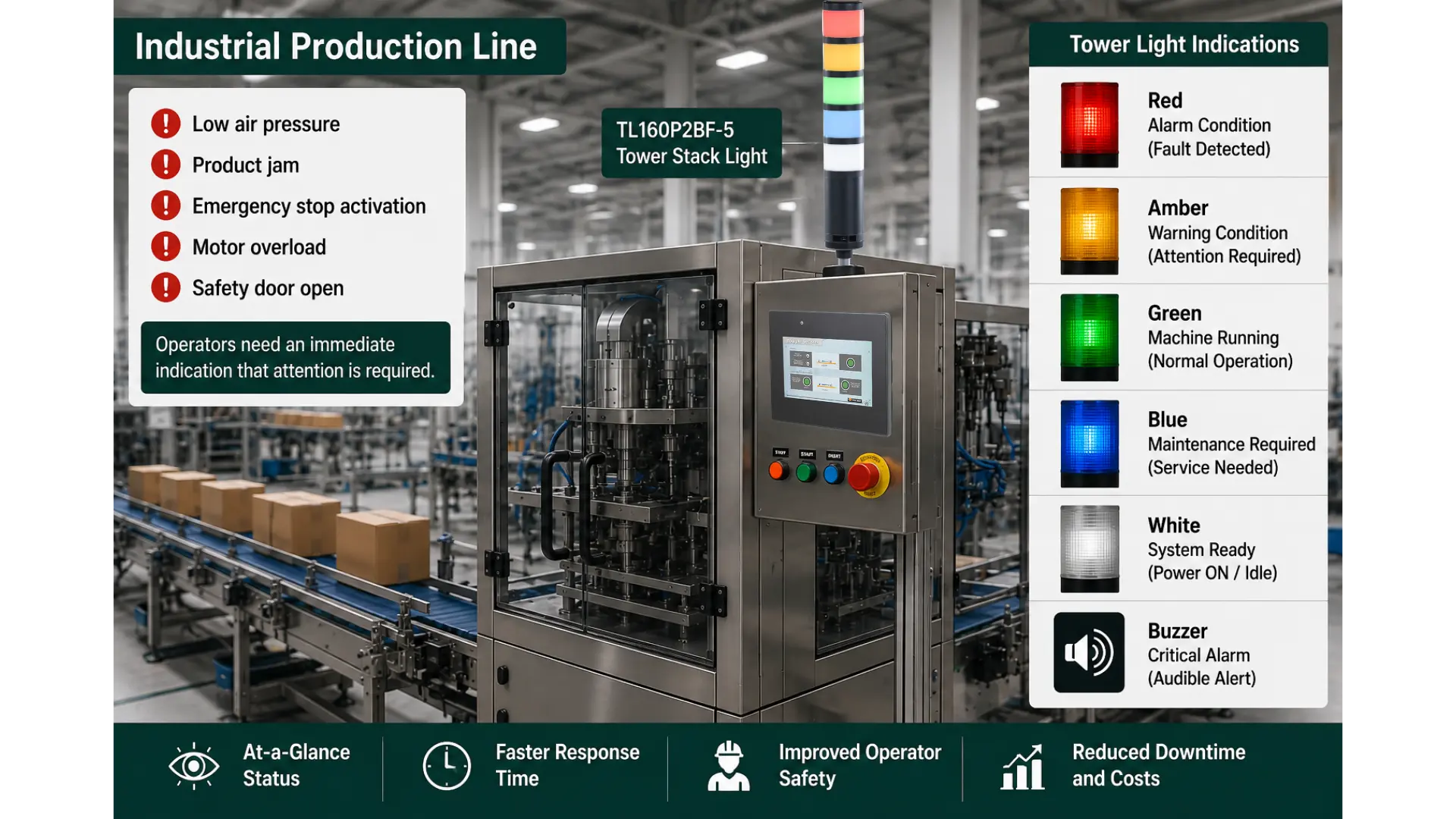 Tower Stack Light in Industrial Produciton Line and displaying alarms