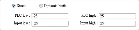 Configuration options showing direct value mapping with PLC low and high limits set to -25 and 25, and corresponding input low and high values used for scaling data.