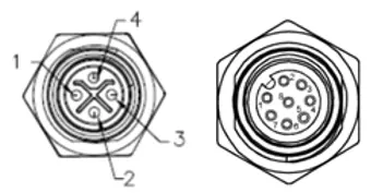 illustration of 4 and 8 pin M12 connectors. 4 pin for DC power, 8 pin for LAN, COM and USB 3.0
