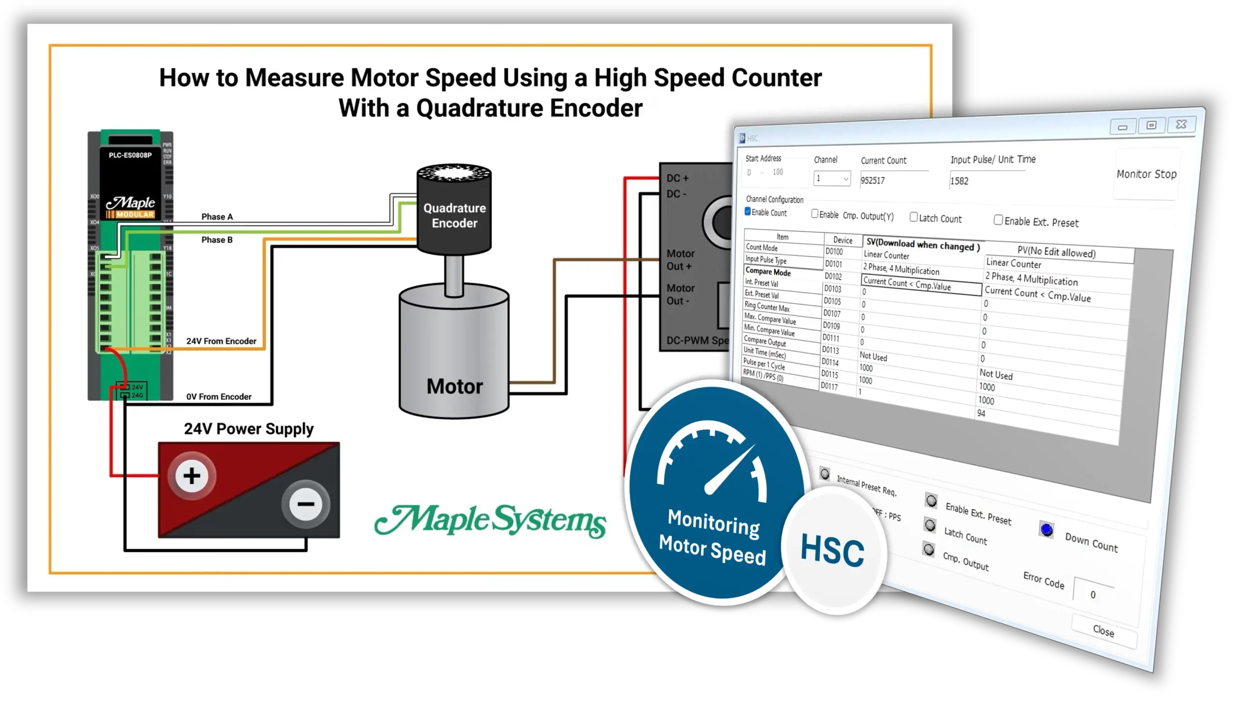 MapleLogic sample project showing how to measure motor speed using a high-speed counter input with a quadrature encoder