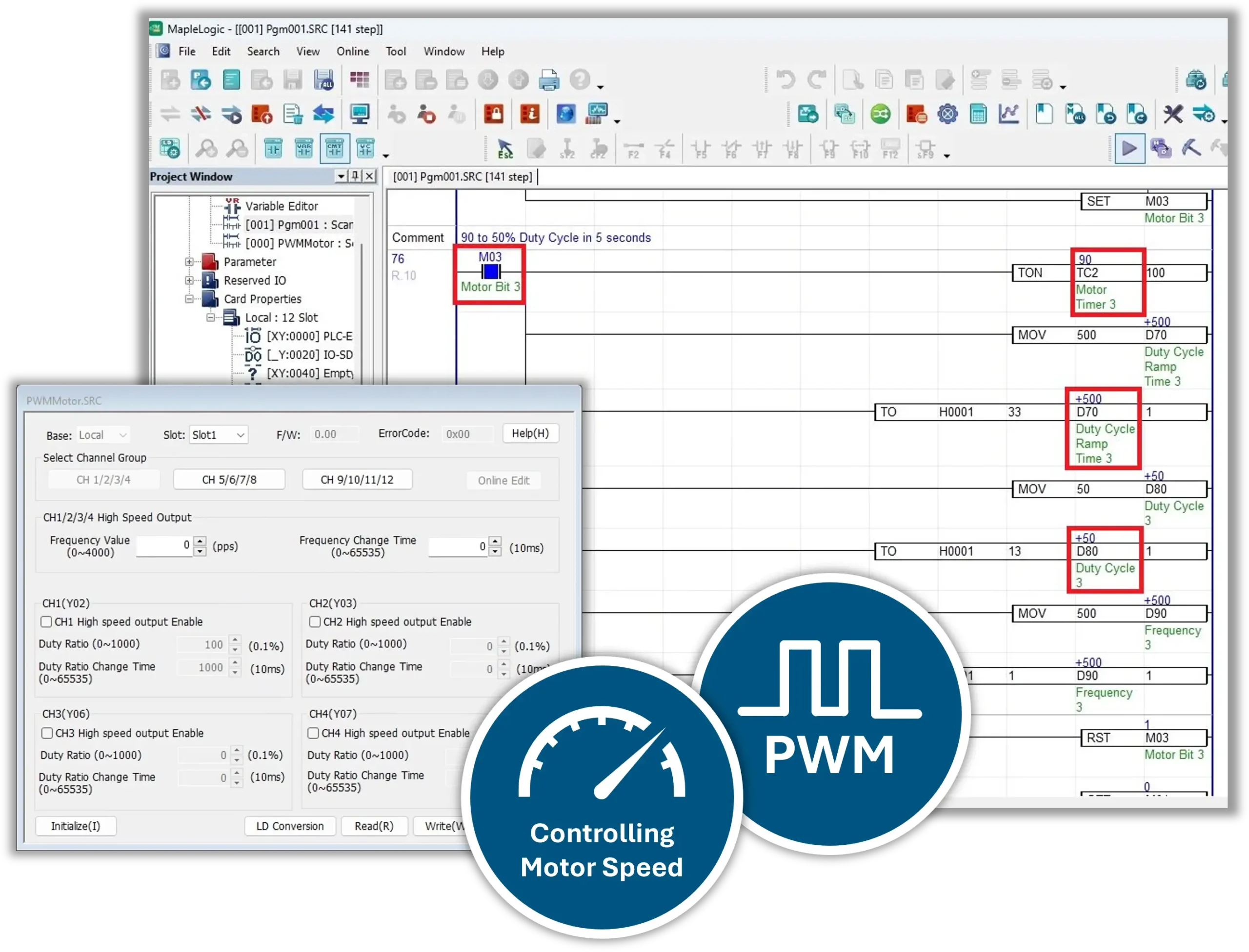 Learn to control motor speed using PWM signals from a Maple Systems PLC
