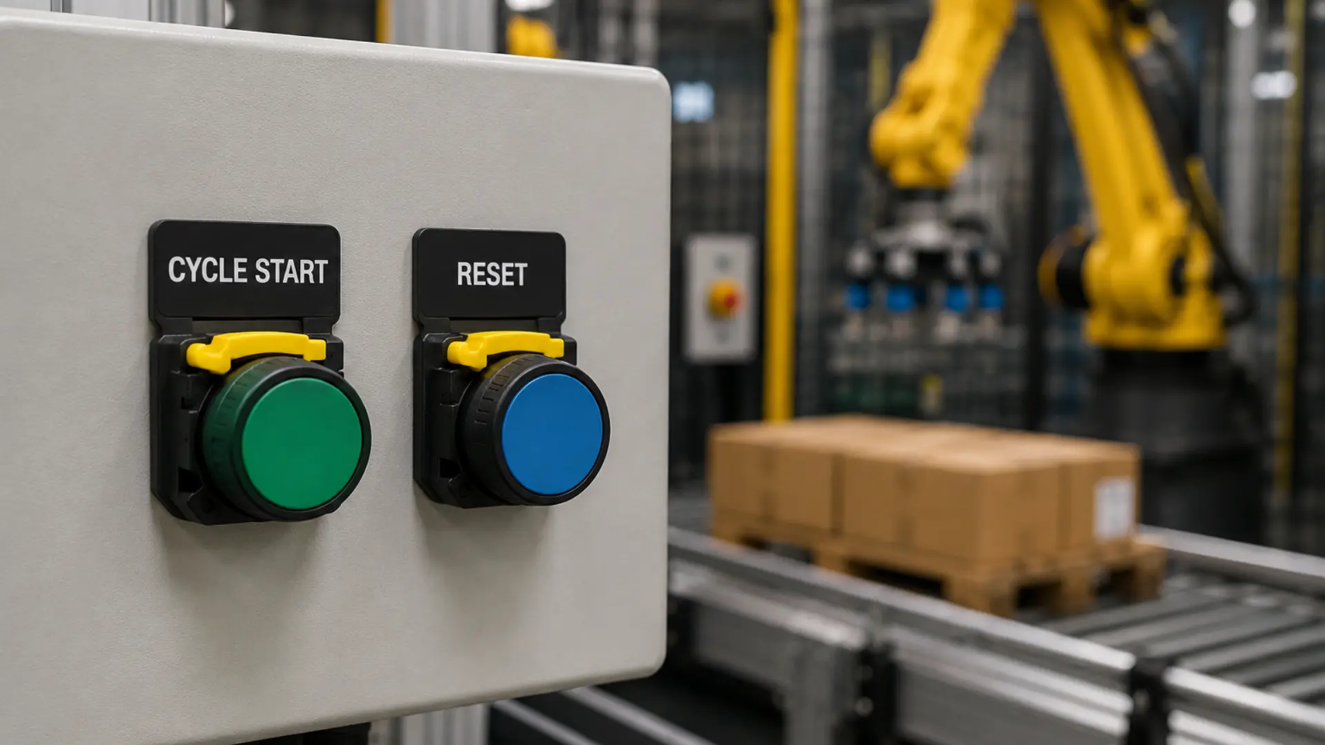 Momentary Pushbuttons for a robotic palletizer at the end of a packaging line