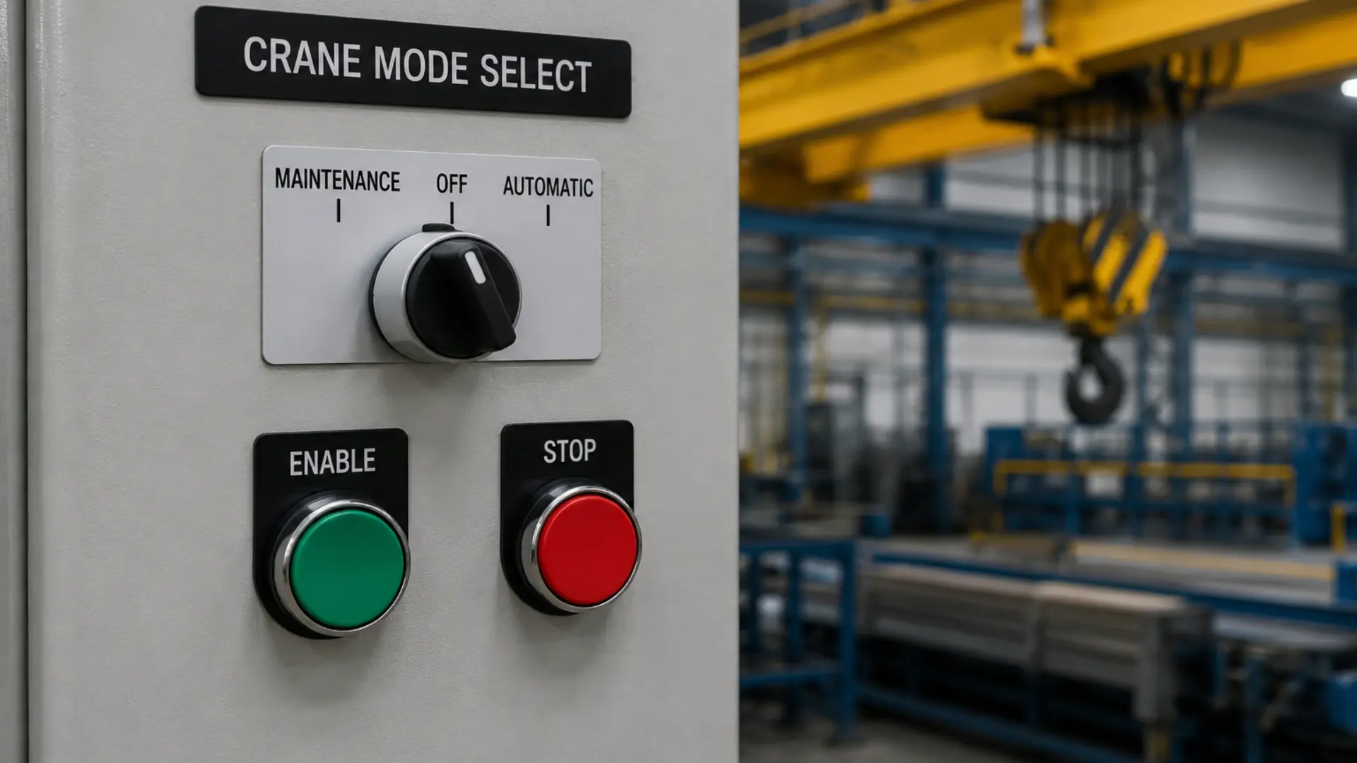 Overhead bridge crane using a 3-position selector switch for maintenance off automatic