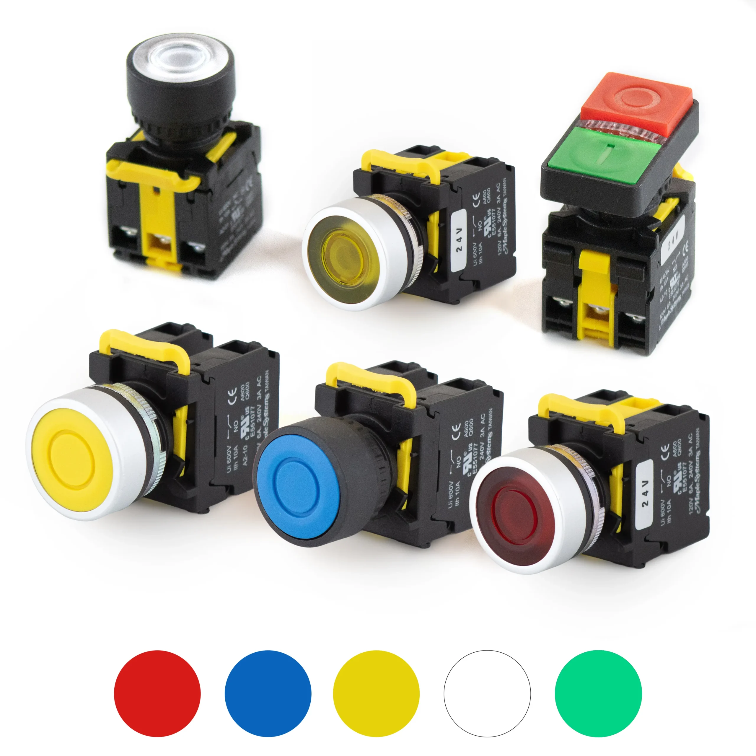 PBS112 - toggle pushbutton Group shot Maple Systems Toggle Pushbuttons come in variety of colors