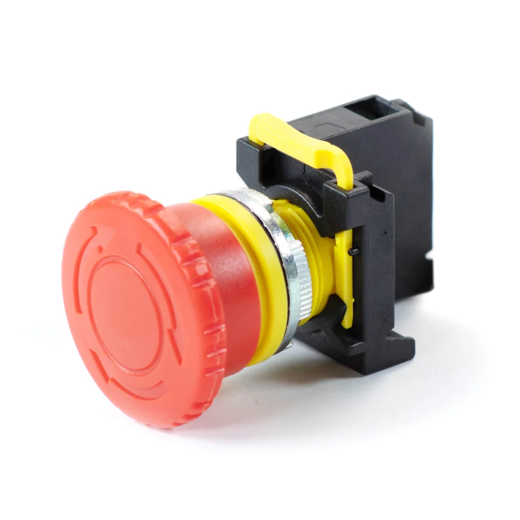 Maple Systems Pushbuttons, E-Stop, Latching. Knurled Mushroom Head, 40mm, Metal Ring, Red, PBS113GM22R-01