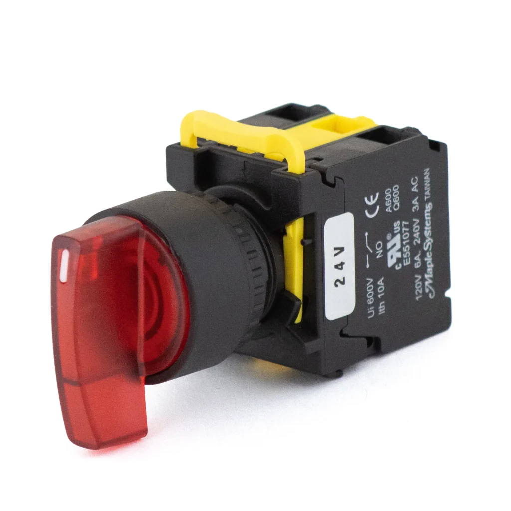 Maple Systems Pushbuttons Illuminated, 3POS, Selector Switch- Long Knob, Plastic, Red, Illuminated, PBS115NP22R-20L2