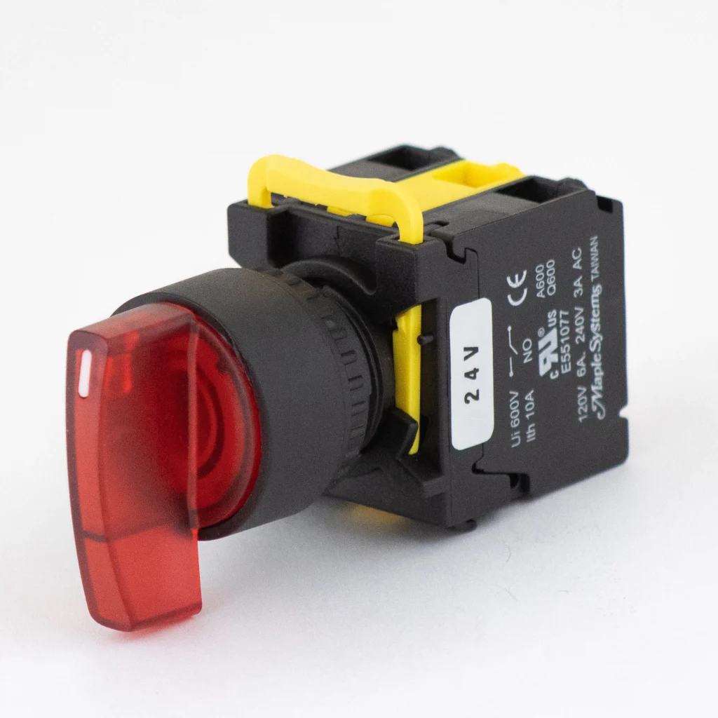 Maple Systems Pushbuttons Illuminated, 3POS, Selector Switch- Long Knob, Plastic, Red, Illuminated, PBS115NP22R-20L2