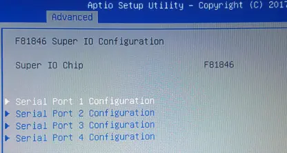 Screenshot of the Aptio Setup Utility F81846 Super I/O Configuration menu showing configuration options for Serial Ports 1 through 4.