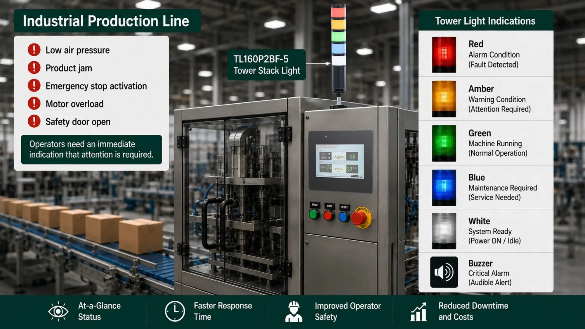 Industrial Tower Stack Light and Maple Systems PLC on Production Line displaying light indications