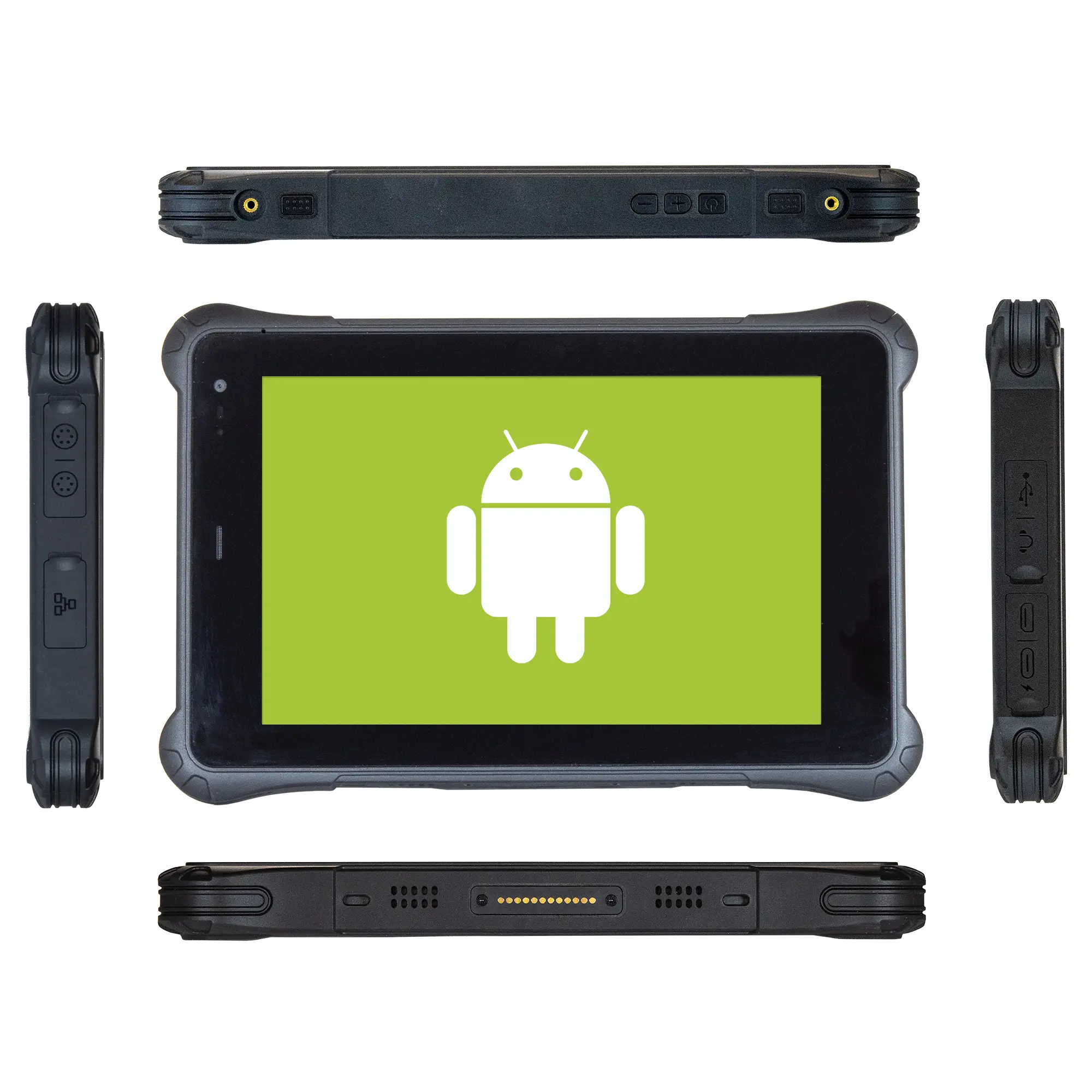 Maple Systems RT1308B, 8.0" Rugged Tablet with Android 16 OS All Sides View showing some of the available IO