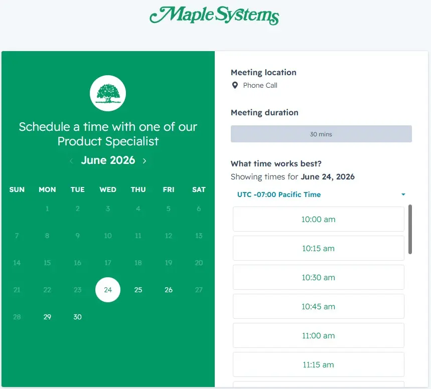 Calendar showing available times to book a call with a Maple Systems Product Specialist