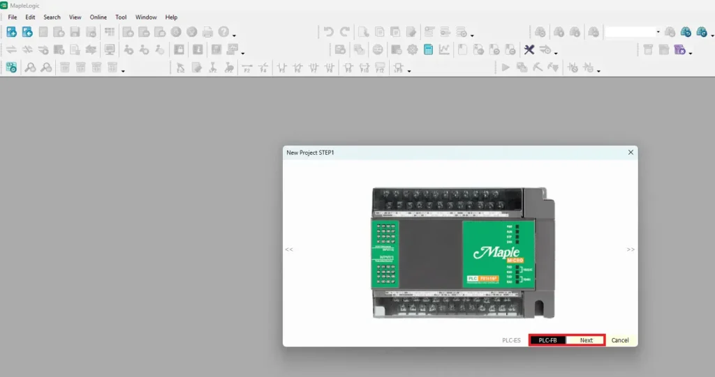 MapleLogic starting a new project with a micro plc then clicking next