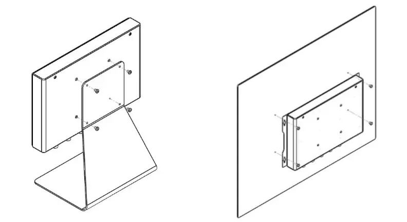 Illustration showing two mounting options for the AEX-2410 Industrial Box PC. The left image shows the AEX-2410 attached to a VESA mount, while the right image shows the AEX-2410 mounted directly to a wall using wall-mount brackets.