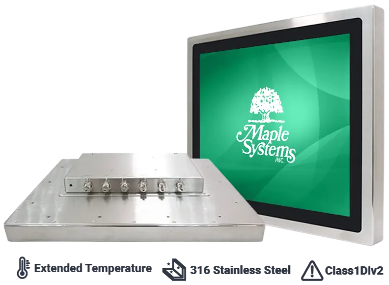 Perspective view of an AEx-900 Series Industrial Panel PC with a rugged 316 stainless steel enclosure and integrated touchscreen display. The image highlights support for extended temperature operation and Class I Division 2 hazardous locations.