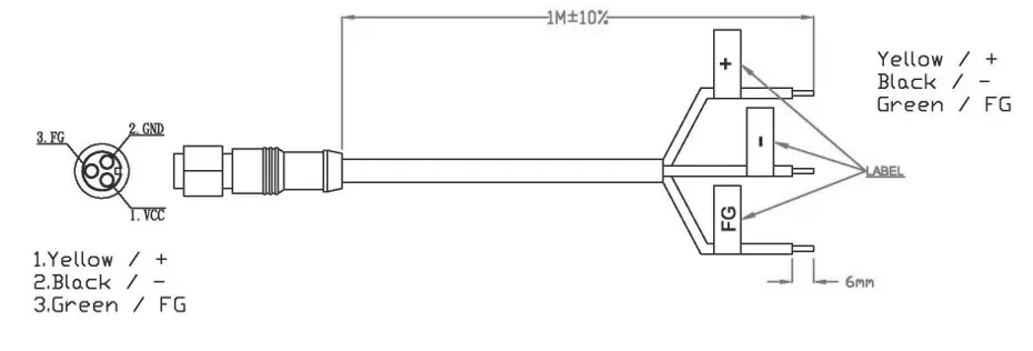 Wiring diagram for the AEX-2410 DC power cable showing the circular connector pinout and wire assignments. The diagram identifies Yellow as VCC (+), Black as GND (-), and Green as FG (frame ground), with corresponding labeled wire terminations.