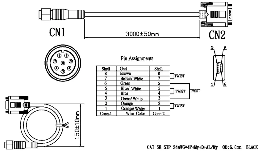Wiring diagram of an M12 8-pin to DE9 serial cable showing connector layouts, cable length, wire color assignments, and pin mappings between the M12 connector (CN1) and the DE9 connector (CN2).