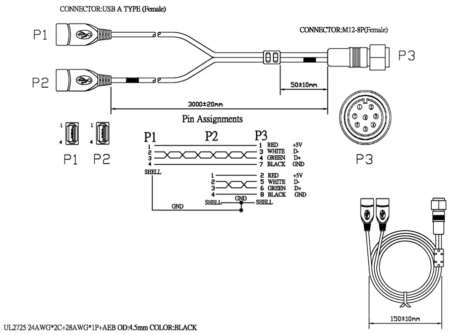 Wiring diagram of a dual USB Type-A to M12 8-pin cable showing connector layouts, cable dimensions, and pin assignments between the USB connectors (P1 and P2) and the M12 connector (P3).