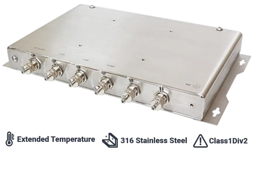 Perspective view of an AEX-2410 industrial box PC with a rugged 316 stainless steel enclosure. The front panel features multiple sealed circular M12 connectors, and the image highlights support for extended temperature operation and Class I Division 2 hazardous locations.