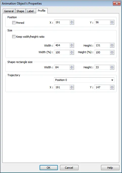 Animation Object, Profile tab EBPro Animation Object Profile settings showing object position, size, shape dimensions, and trajectory coordinates for Position 0 within a multi-position animation path.