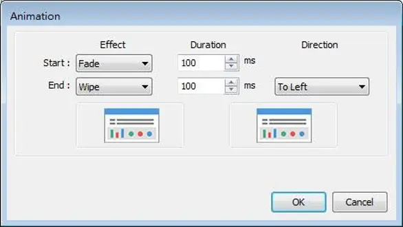 Animation settings window showing selectable start and end transition effects, duration in milliseconds, and transition direction for popup window animations.