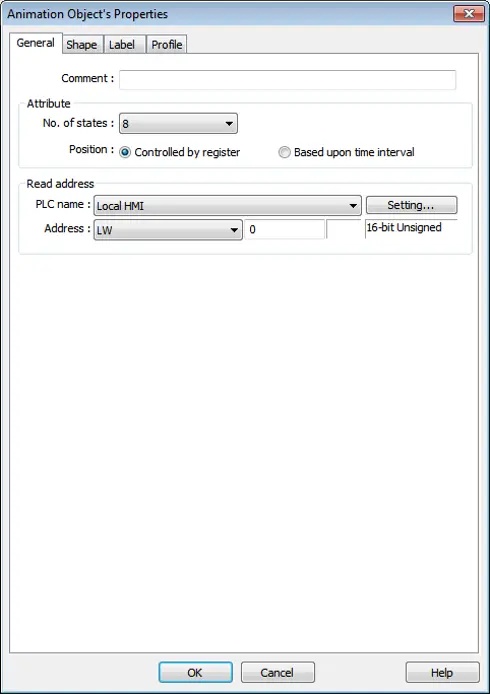 Animation Object, General tab EBPro Animation Object configuration window showing an animation with 8 states, controlled by a Local HMI register (LW0), with position changes based on register values or a time interval.