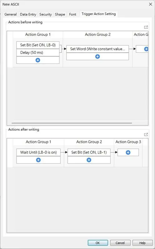 EBPro ASCII Object Trigger Action Settings showing action groups executed before and after writing, including setting bits, delays, writing constant values, and waiting for conditions before executing additional actions.