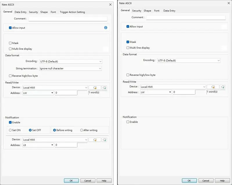 Comparison of two EBPro ASCII Object Data Entry configuration windows showing UTF-8 encoding, Local HMI register addressing, input permissions, masking options, and notification settings for text entry.