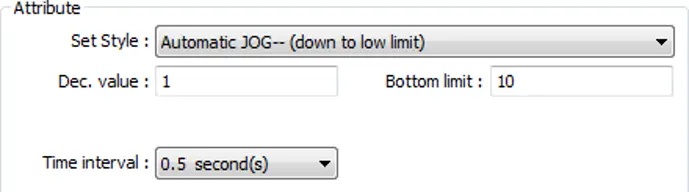 Set Word Object Attribute section showing Set Style configured to Automatic JOG-- (down to low limit), with a Decrement value of 1, a Bottom limit of 10, and a Time interval of 0.5 seconds.