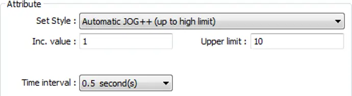 Set Word Object Attribute section showing Set Style configured to Automatic JOG++ (up to high limit), with an Increment value of 1, an Upper limit of 10, and a Time interval of 0.5 seconds.